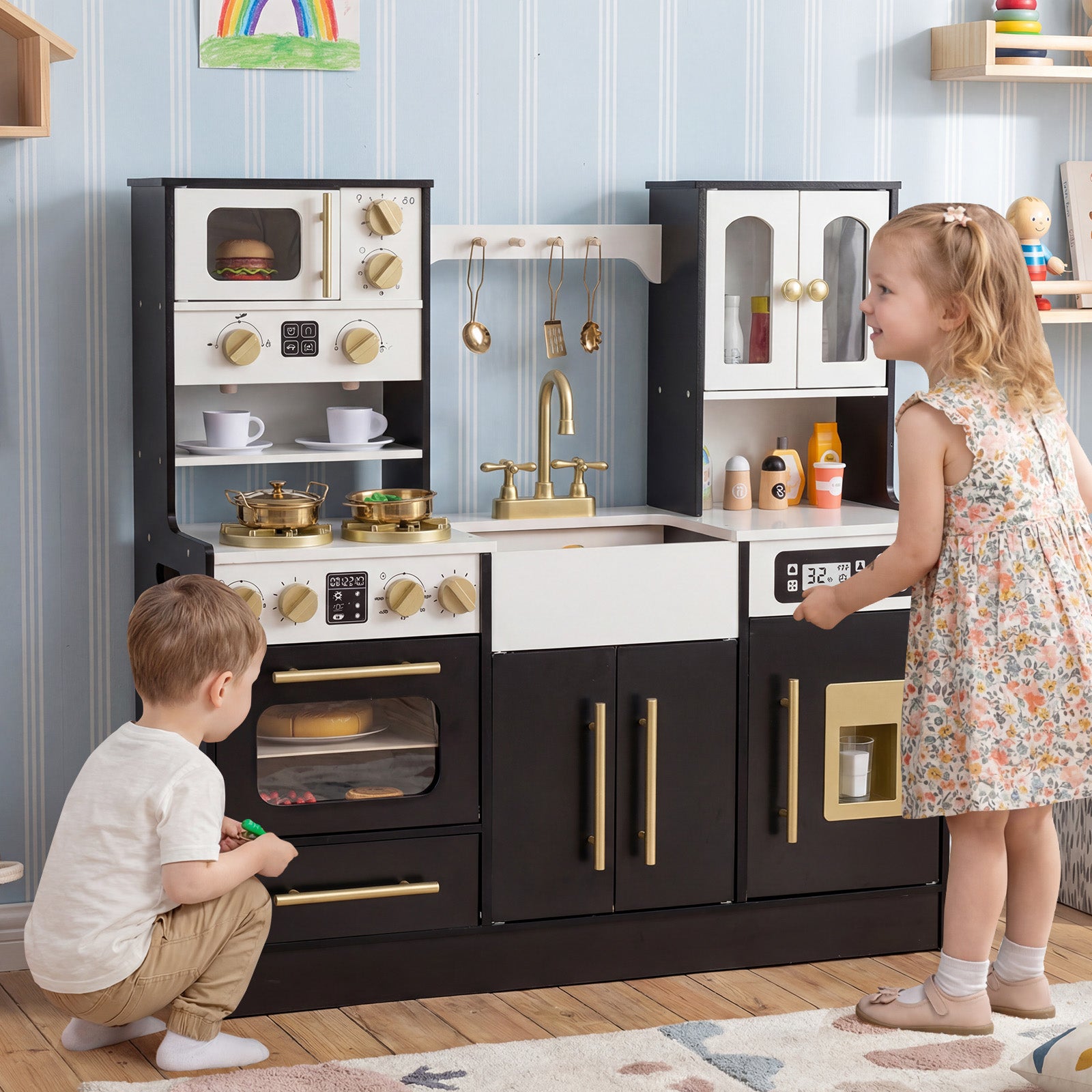 Wooden Kids Kitchen Playset, Realistic Lights And Sounds, Black Play Kitchen Sets at Gallery Canada