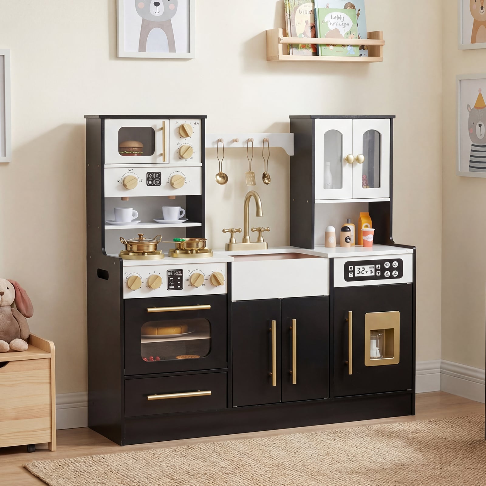 Wooden Kids Kitchen Playset, Realistic Lights And Sounds, Black Play Kitchen Sets at Gallery Canada