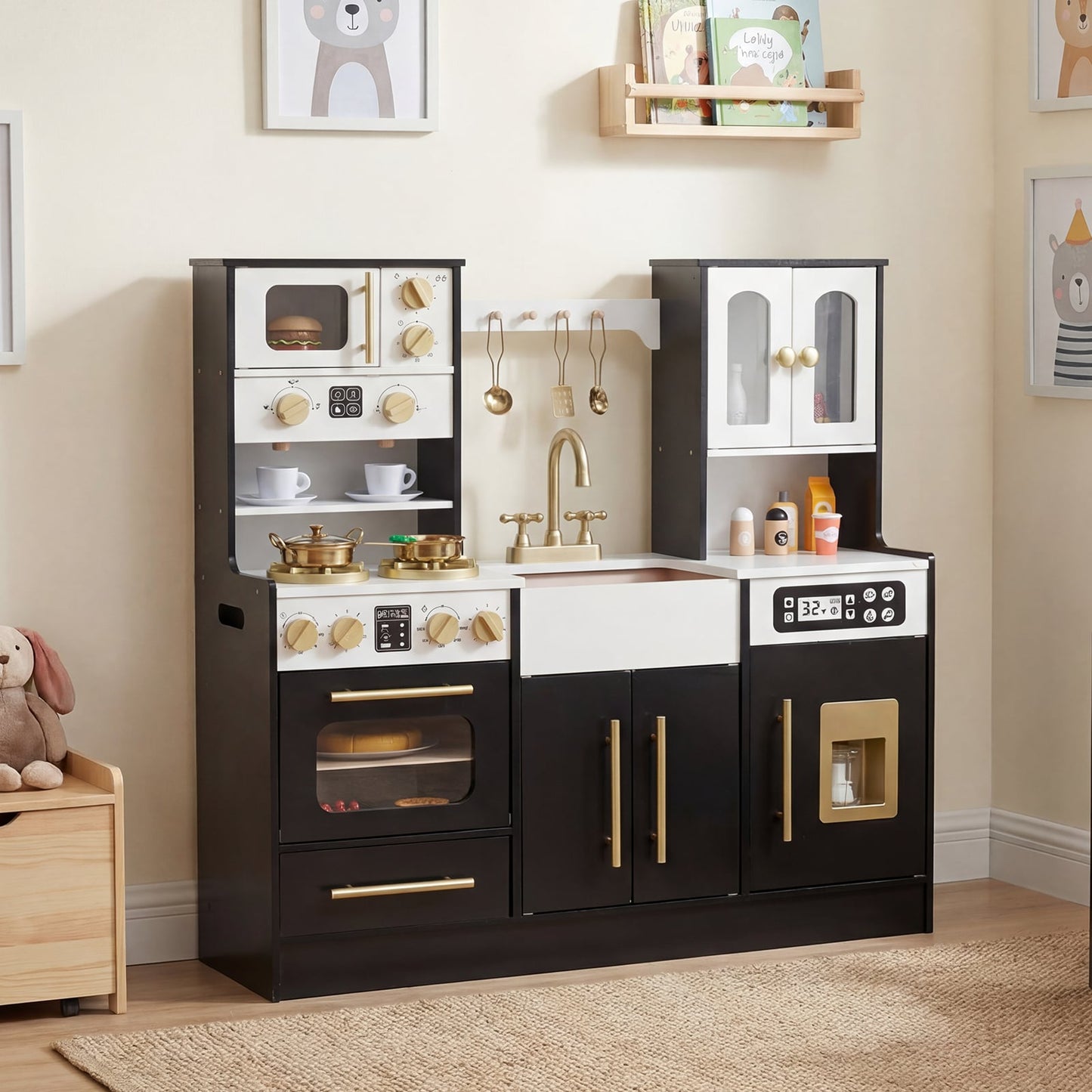 Wooden Kids Kitchen Playset, Realistic Lights And Sounds, Black Play Kitchen Sets at Gallery Canada