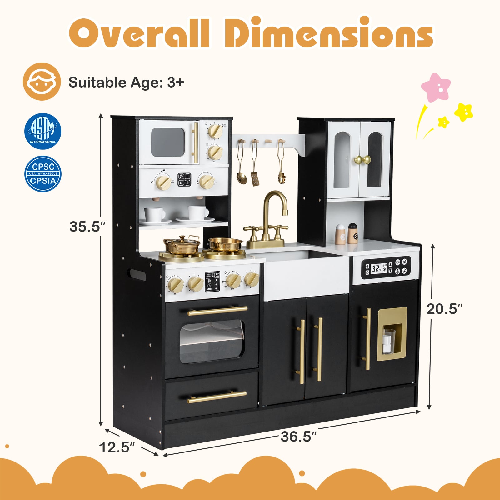 Wooden Kids Kitchen Playset, Realistic Lights And Sounds, Black Play Kitchen Sets at Gallery Canada