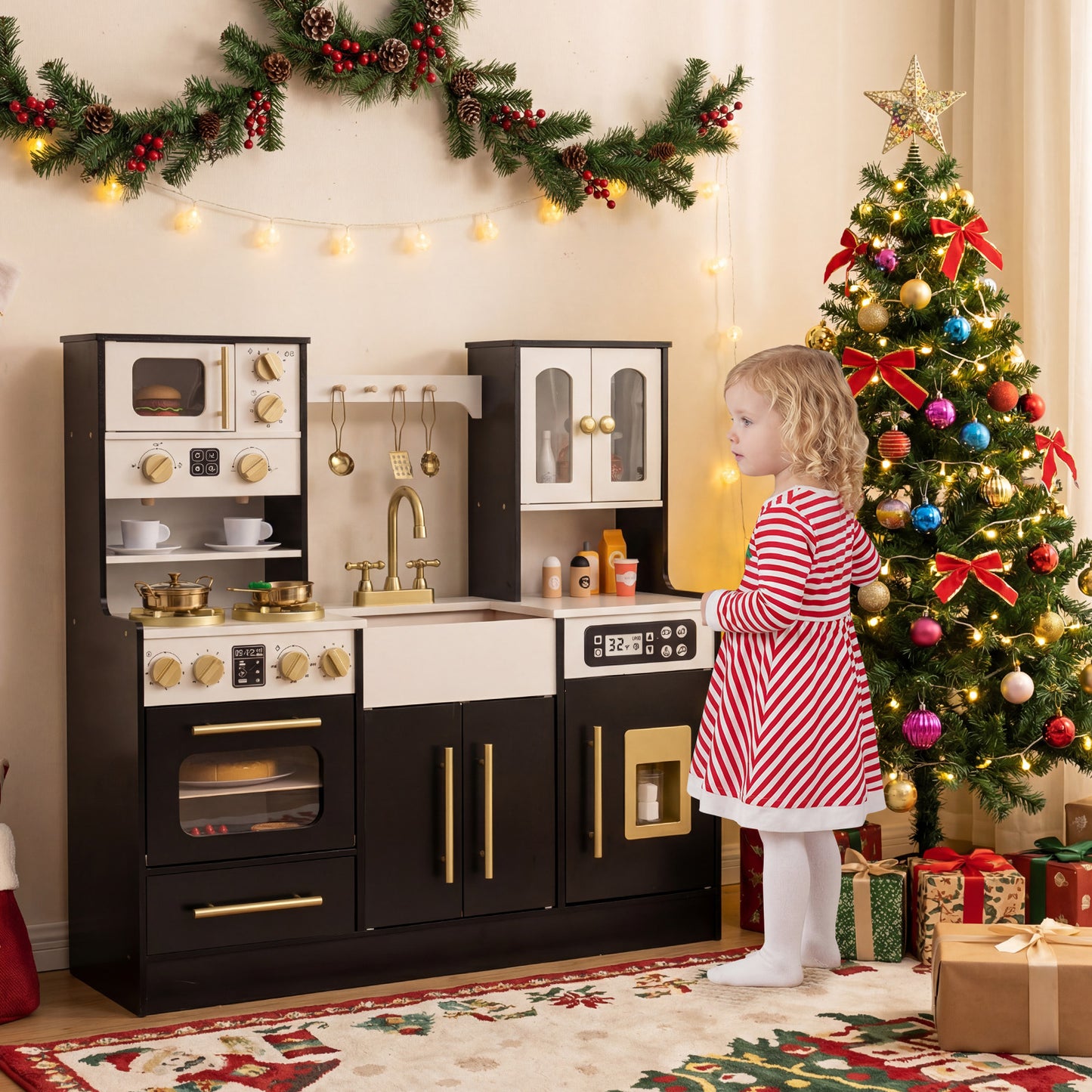Wooden Kids Kitchen Playset, Realistic Lights And Sounds, Black Play Kitchen Sets at Gallery Canada