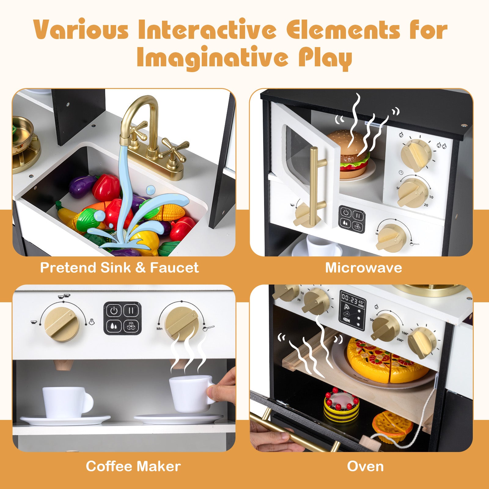Wooden Kids Kitchen Playset, Realistic Lights And Sounds, Black Play Kitchen Sets at Gallery Canada