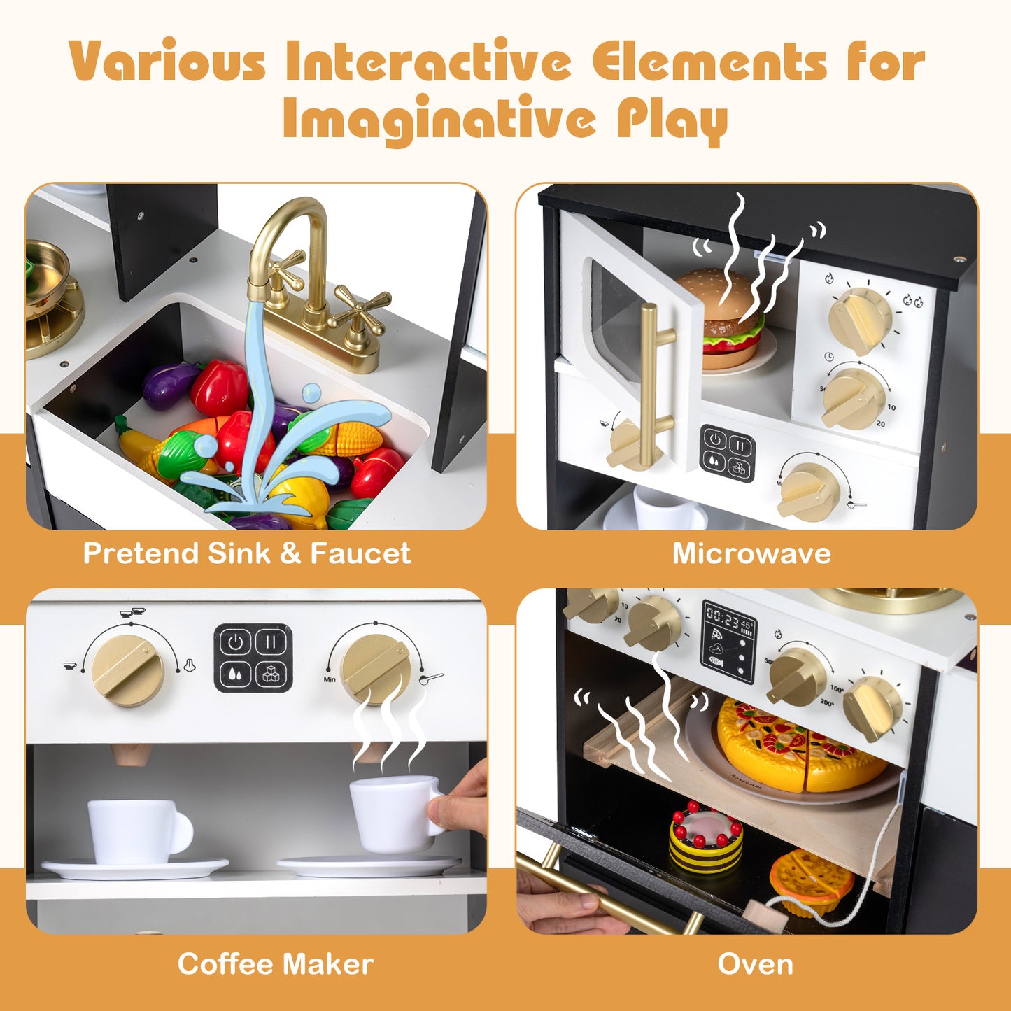 Wooden Kids Kitchen Playset, Realistic Lights And Sounds, Black Play Kitchen Sets at Gallery Canada