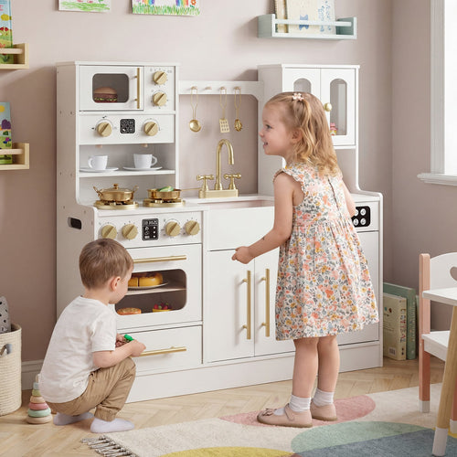 Wooden Kids Kitchen Playset, Realistic Lights And Sounds, White