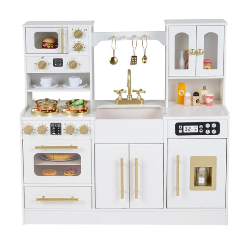 Wooden Kids Kitchen Playset, Realistic Lights And Sounds, White