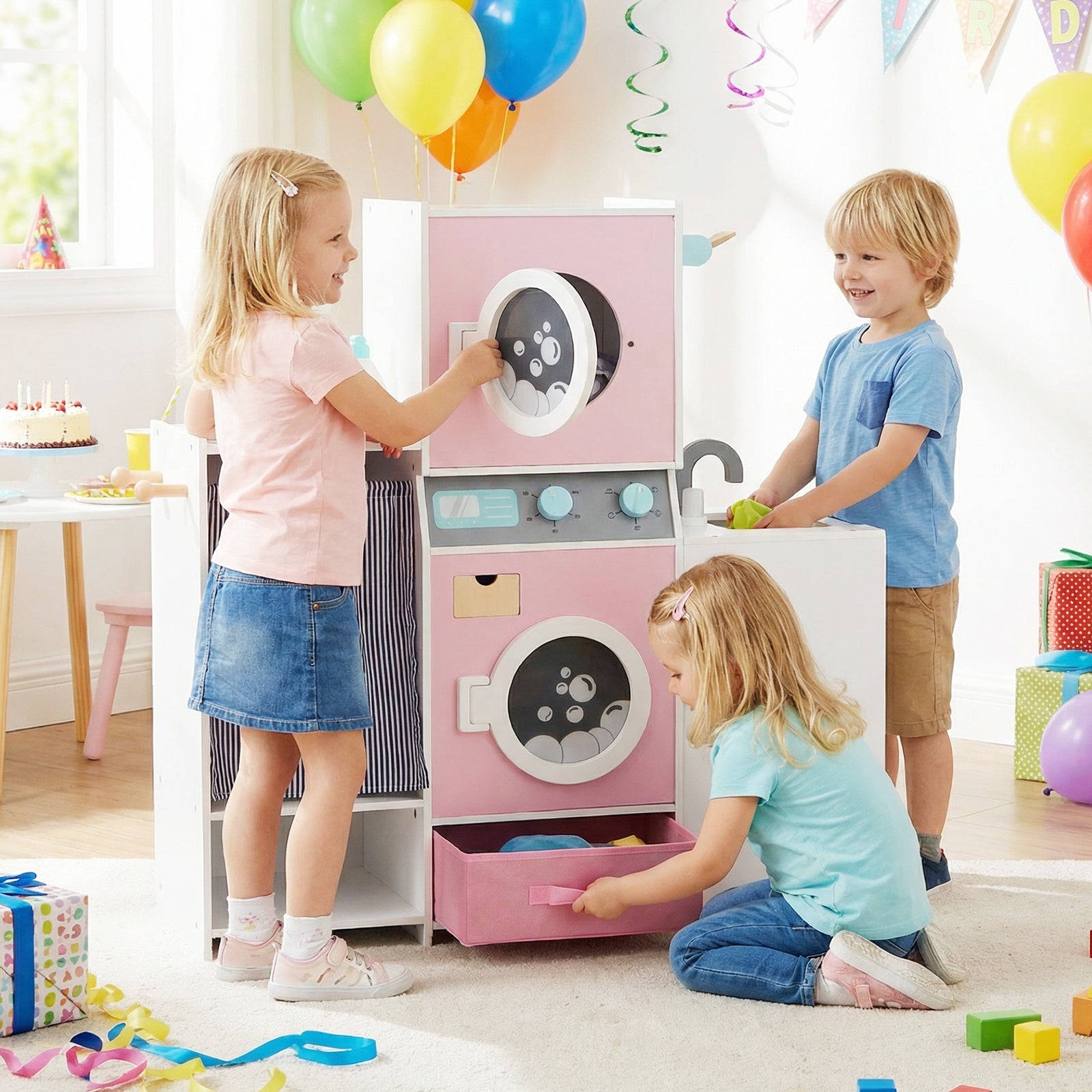 Wooden Kids Laundry Playset with Laundry Detergent Bottle and Clothes Hangers, Pink Play Kitchen Sets at Gallery Canada