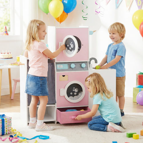 Wooden Kids Laundry Playset with Laundry Detergent Bottle and Clothes Hangers, Pink