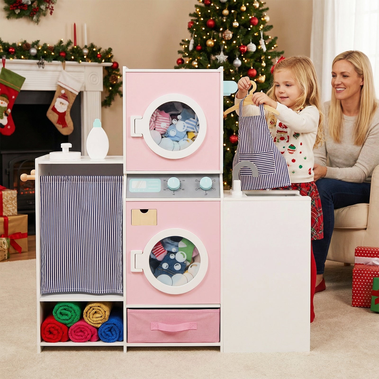 Wooden Kids Laundry Playset with Laundry Detergent Bottle and Clothes Hangers, Pink Play Kitchen Sets at Gallery Canada