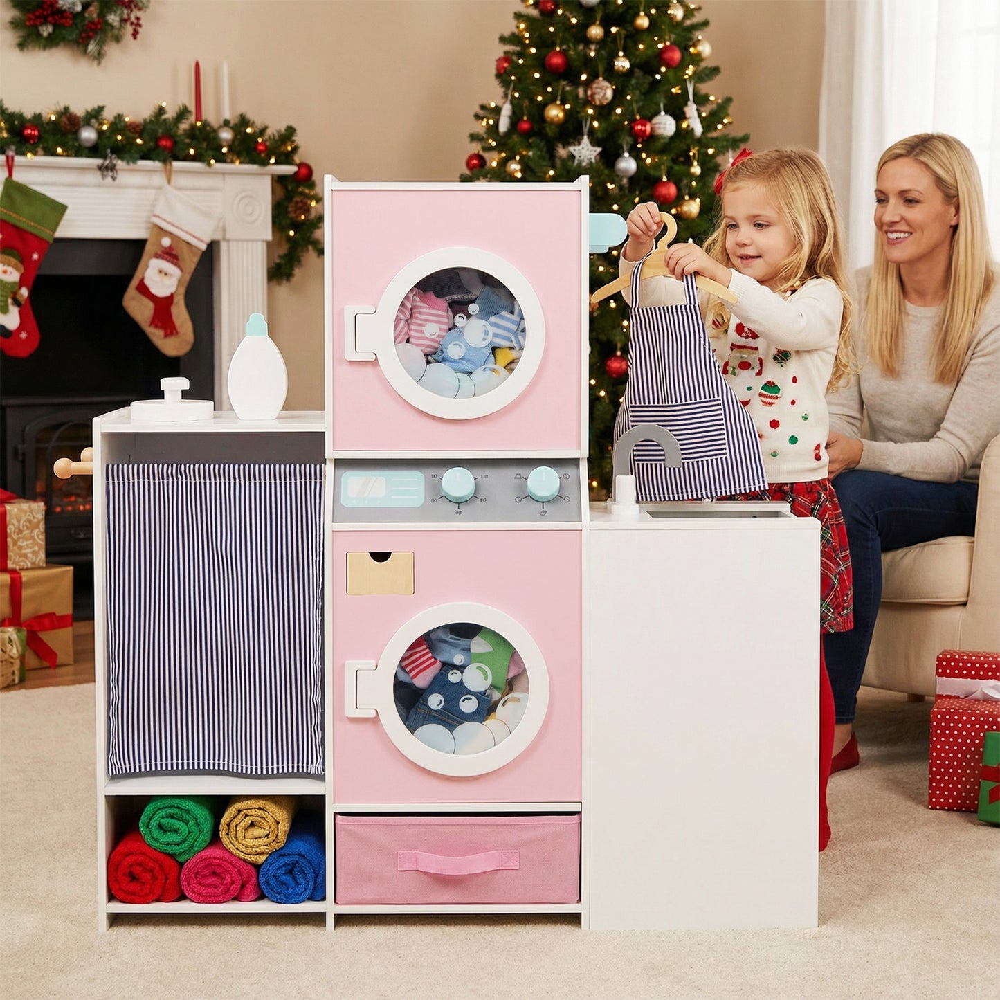 Wooden Kids Laundry Playset with Laundry Detergent Bottle and Clothes Hangers, Pink Play Kitchen Sets at Gallery Canada