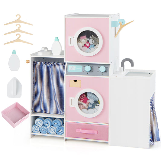 Wooden Kids Laundry Playset with Laundry Detergent Bottle and Clothes Hangers, Pink Play Kitchen Sets Pink at Gallery Canada
