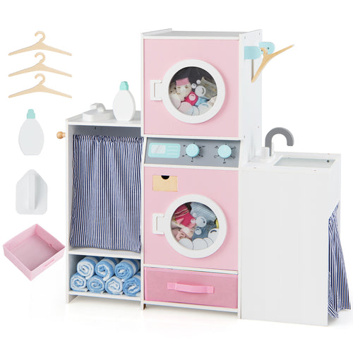 Wooden Kids Laundry Playset with Laundry Detergent Bottle and Clothes Hangers, Pink