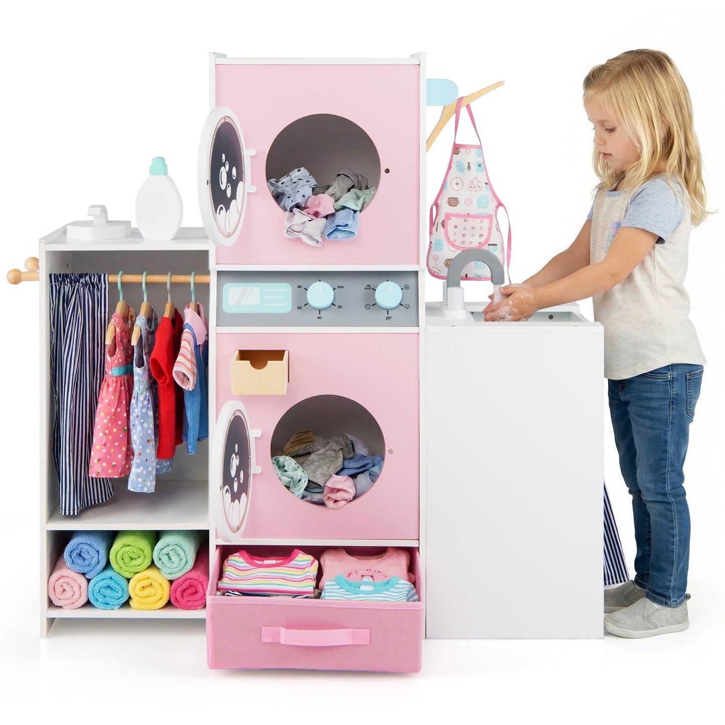 Wooden Kids Laundry Playset with Laundry Detergent Bottle and Clothes Hangers, Pink Play Kitchen Sets at Gallery Canada