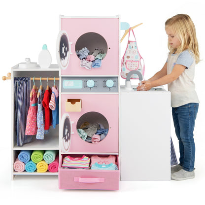 Wooden Kids Laundry Playset with Laundry Detergent Bottle and Clothes Hangers, Pink Play Kitchen Sets at Gallery Canada