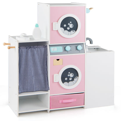 Wooden Kids Laundry Playset with Laundry Detergent Bottle and Clothes Hangers, Pink Play Kitchen Sets at Gallery Canada