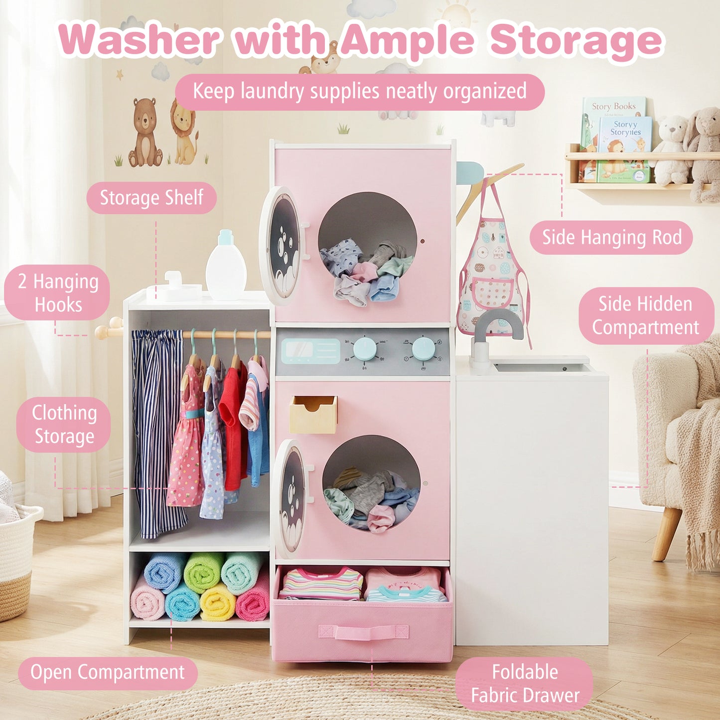 Wooden Kids Laundry Playset with Laundry Detergent Bottle and Clothes Hangers, Pink Play Kitchen Sets at Gallery Canada