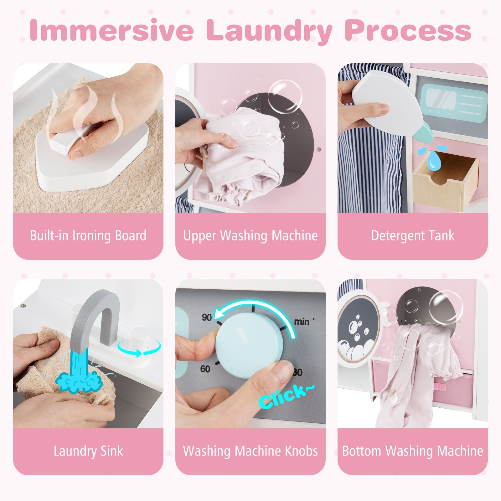 Wooden Kids Laundry Playset with Laundry Detergent Bottle and Clothes Hangers, Pink Play Kitchen Sets at Gallery Canada