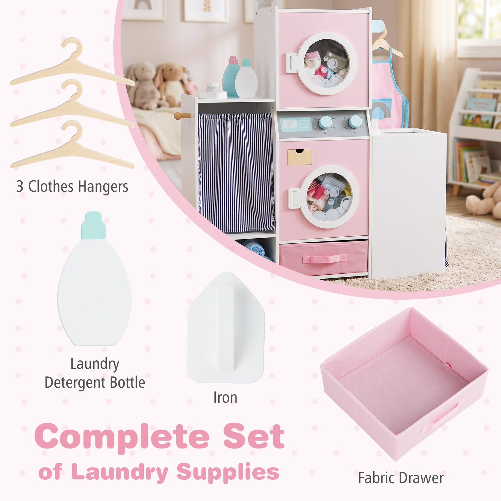 Wooden Kids Laundry Playset with Laundry Detergent Bottle and Clothes Hangers, Pink Play Kitchen Sets at Gallery Canada