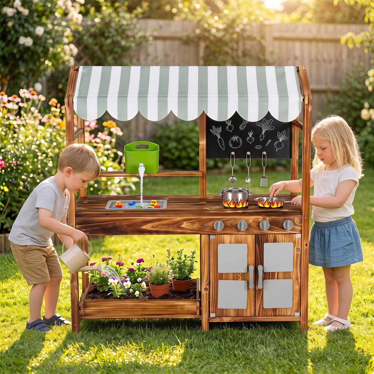 Wooden Kids Mud Kitchen, 8 Accessories, 2-Sided Chalkboard, Brown