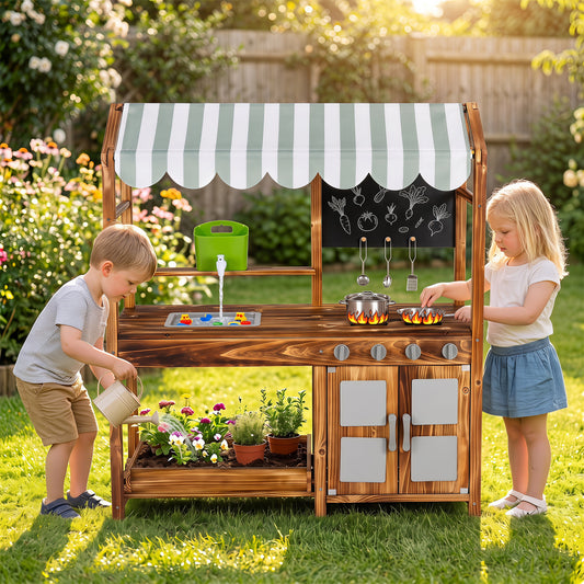 Wooden Kids Mud Kitchen, 8 Accessories, 2-Sided Chalkboard, Brown