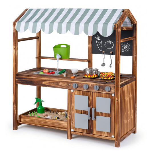 Wooden Kids Mud Kitchen, 8 Accessories, 2-Sided Chalkboard, Brown
