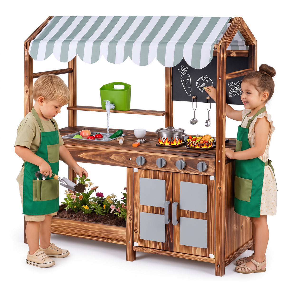 Wooden Kids Mud Kitchen, 8 Accessories, 2-Sided Chalkboard, Brown