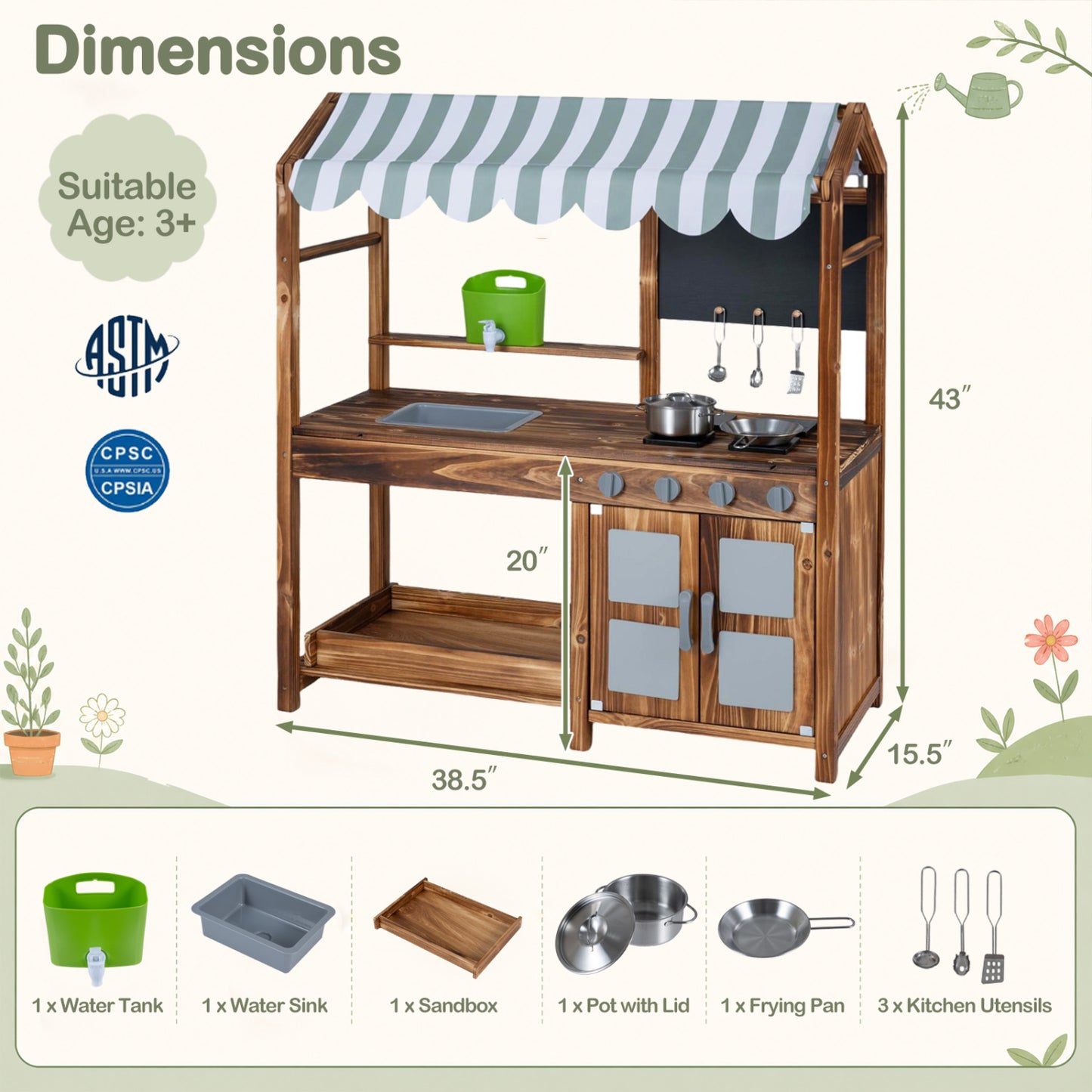 Wooden Kids Mud Kitchen, 8 Accessories, 2-Sided Chalkboard, Brown