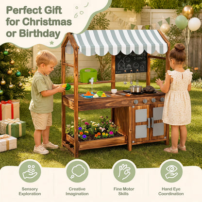 Wooden Kids Mud Kitchen, 8 Accessories, 2-Sided Chalkboard, Brown