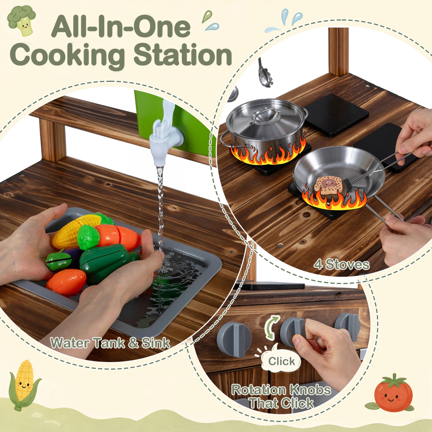 Wooden Kids Mud Kitchen, 8 Accessories, 2-Sided Chalkboard, Brown