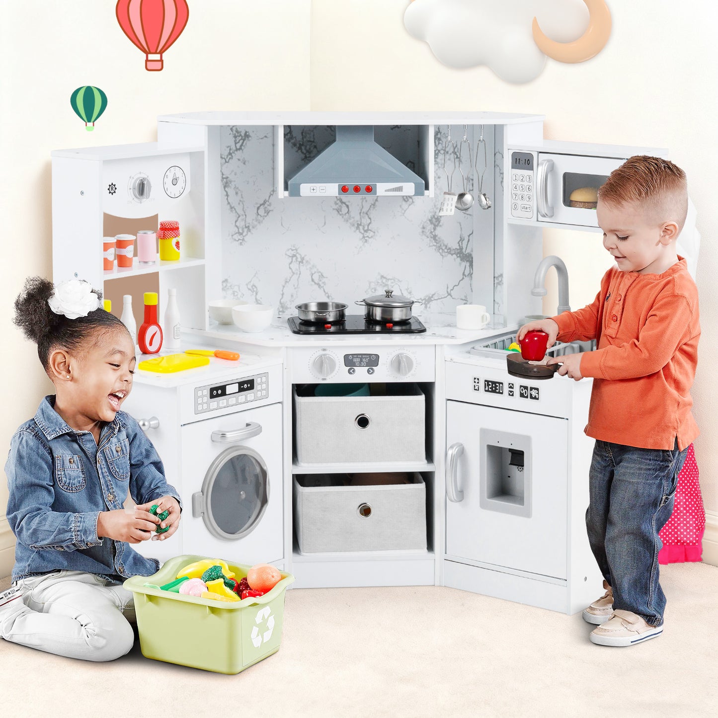 Wooden Kids Play Kitchen Playset with Realistic Lights and Sounds, White Play Kitchen Sets at Gallery Canada