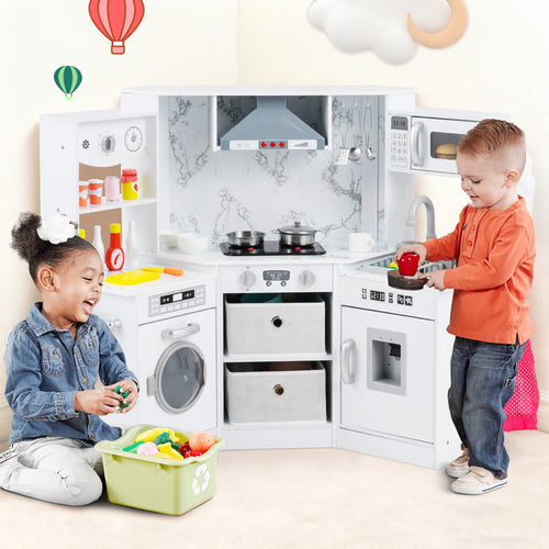 Wooden Kids Play Kitchen Playset with Realistic Lights and Sounds, White