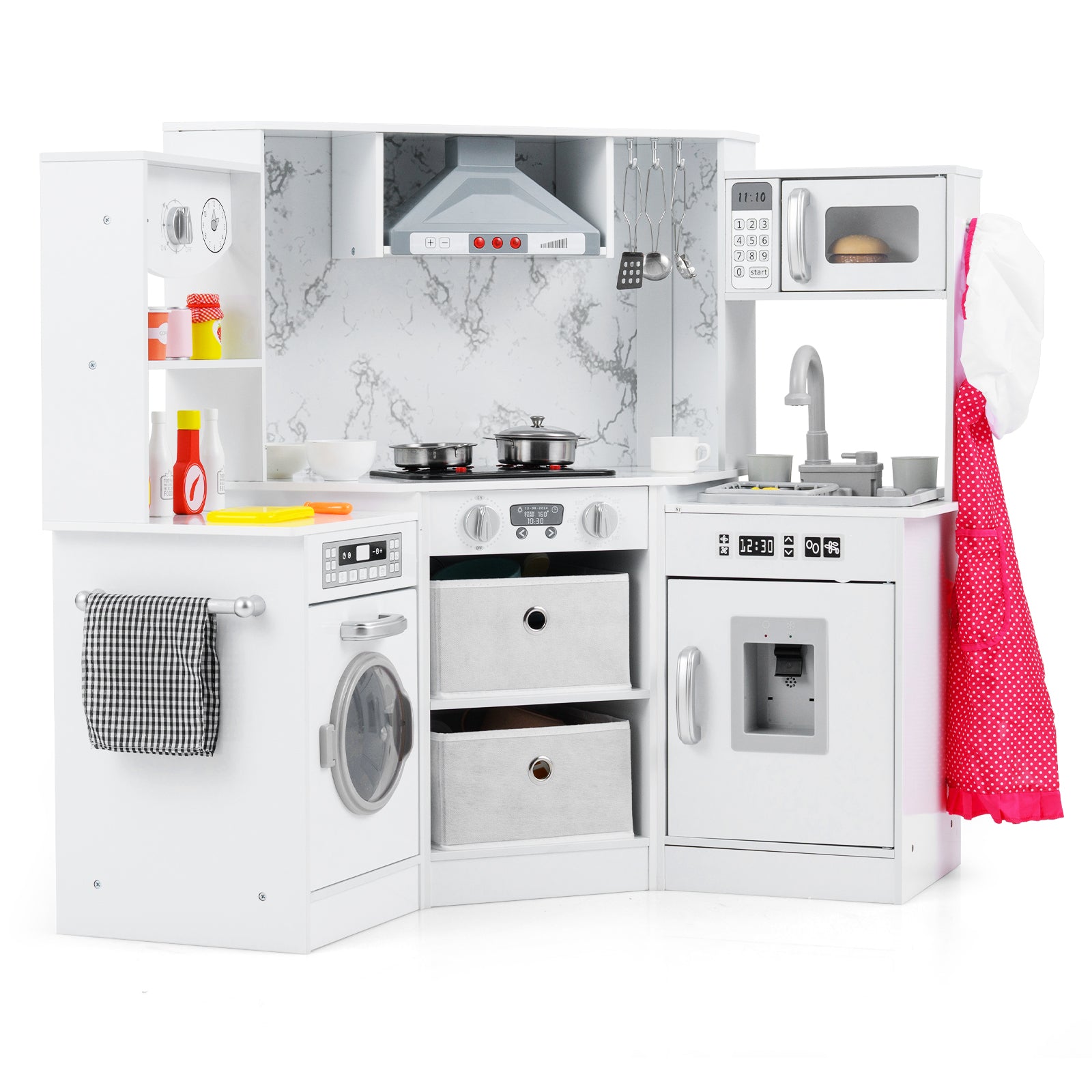 Wooden Kids Play Kitchen Playset with Realistic Lights and Sounds, White Play Kitchen Sets White at Gallery Canada