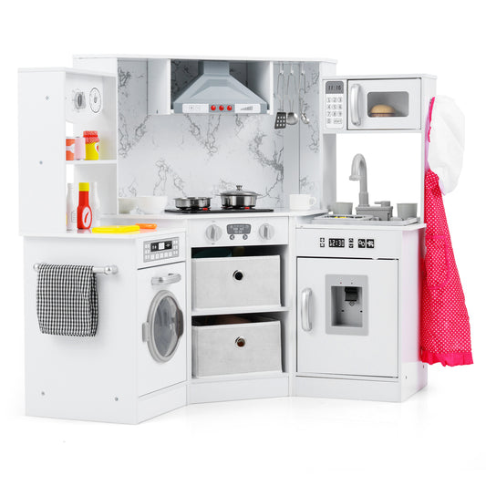 Wooden Kids Play Kitchen Playset with Realistic Lights and Sounds, White Play Kitchen Sets White at Gallery Canada