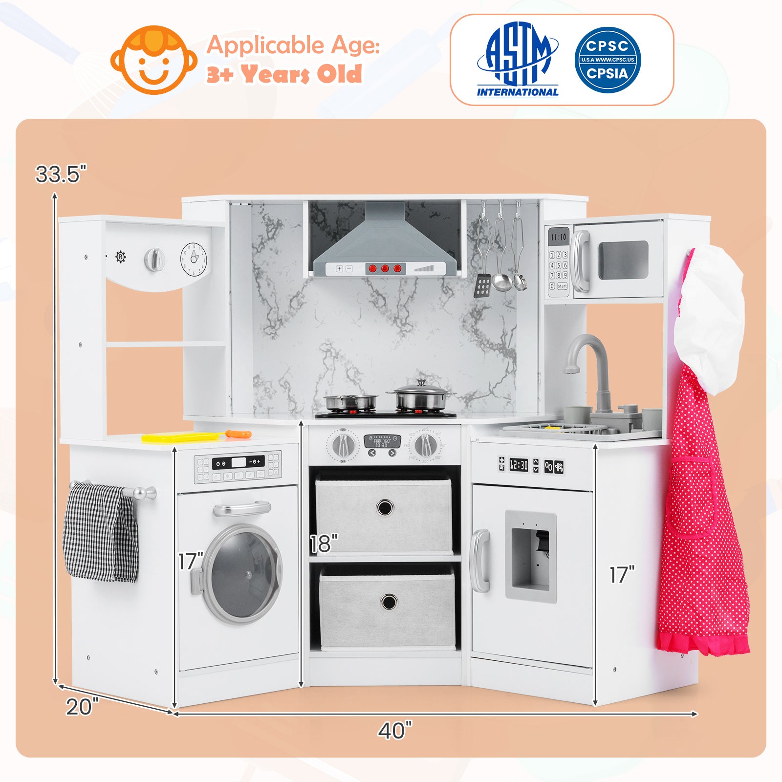 Wooden Kids Play Kitchen Playset with Realistic Lights and Sounds, White Play Kitchen Sets at Gallery Canada