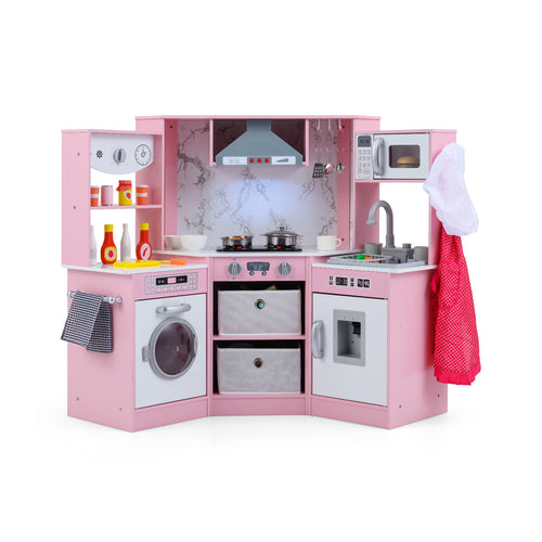 Wooden Kids Play Kitchen Playset with Realistic Lights and Sounds, Pink