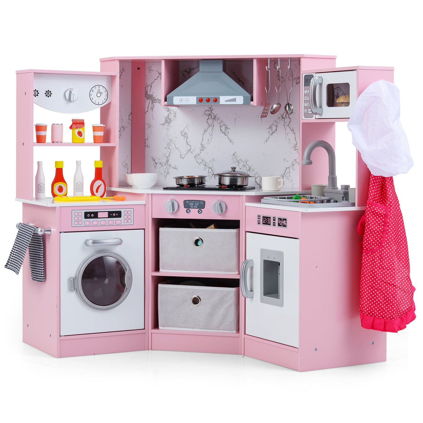 Wooden Kids Play Kitchen Playset with Realistic Lights and Sounds, Pink Play Kitchen Sets at Gallery Canada