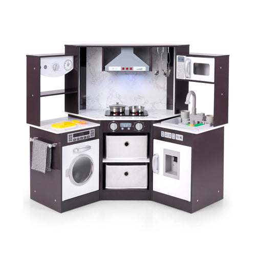 Wooden Kids Play Kitchen Playset, Realistic Lights And Sounds, Coffee