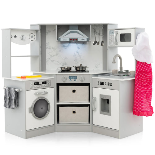 Wooden Kids Play Kitchen Playset, Realistic Lights And Sounds, Gray