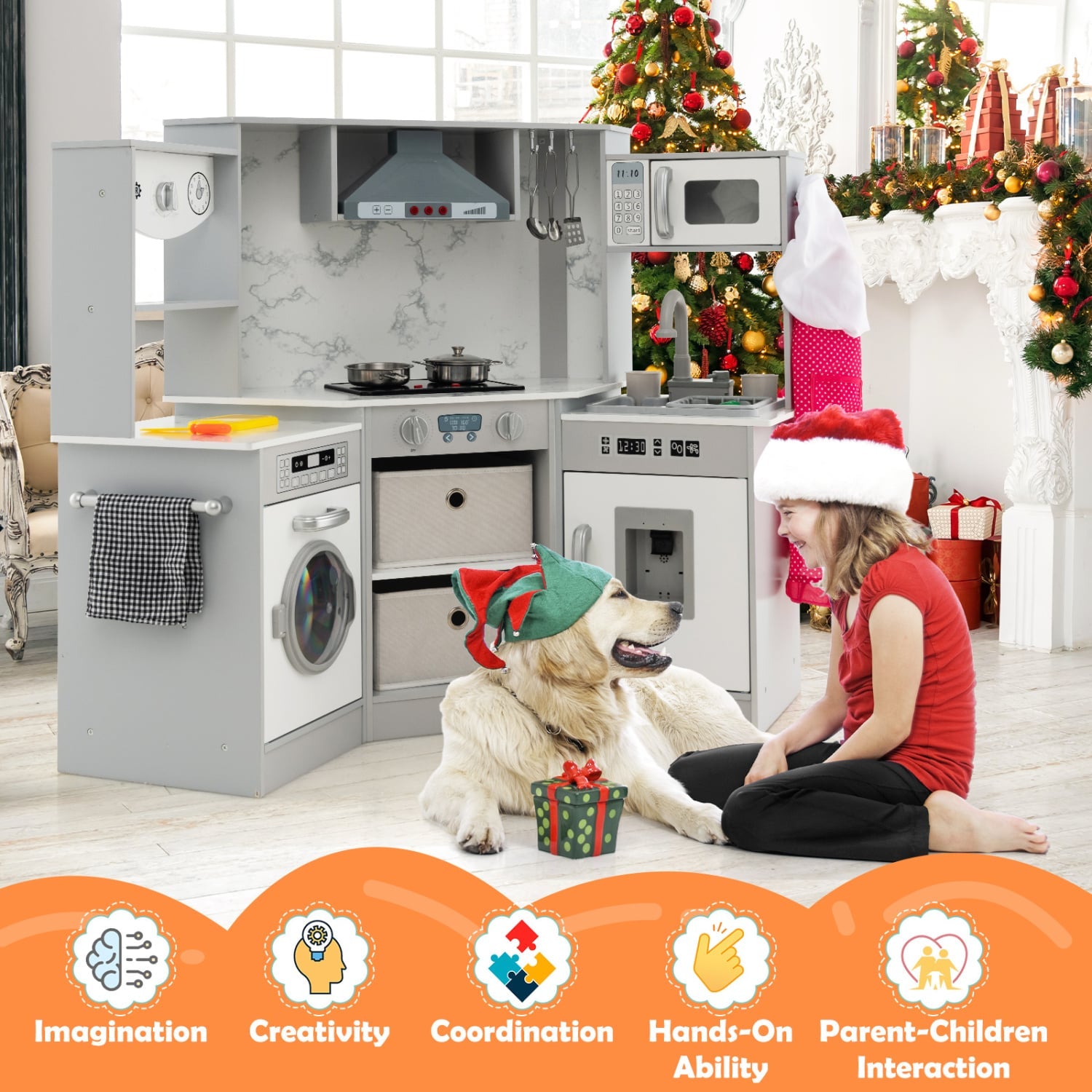 Wooden Kids Play Kitchen Playset, Realistic Lights And Sounds, Gray Play Kitchen Sets at Gallery Canada