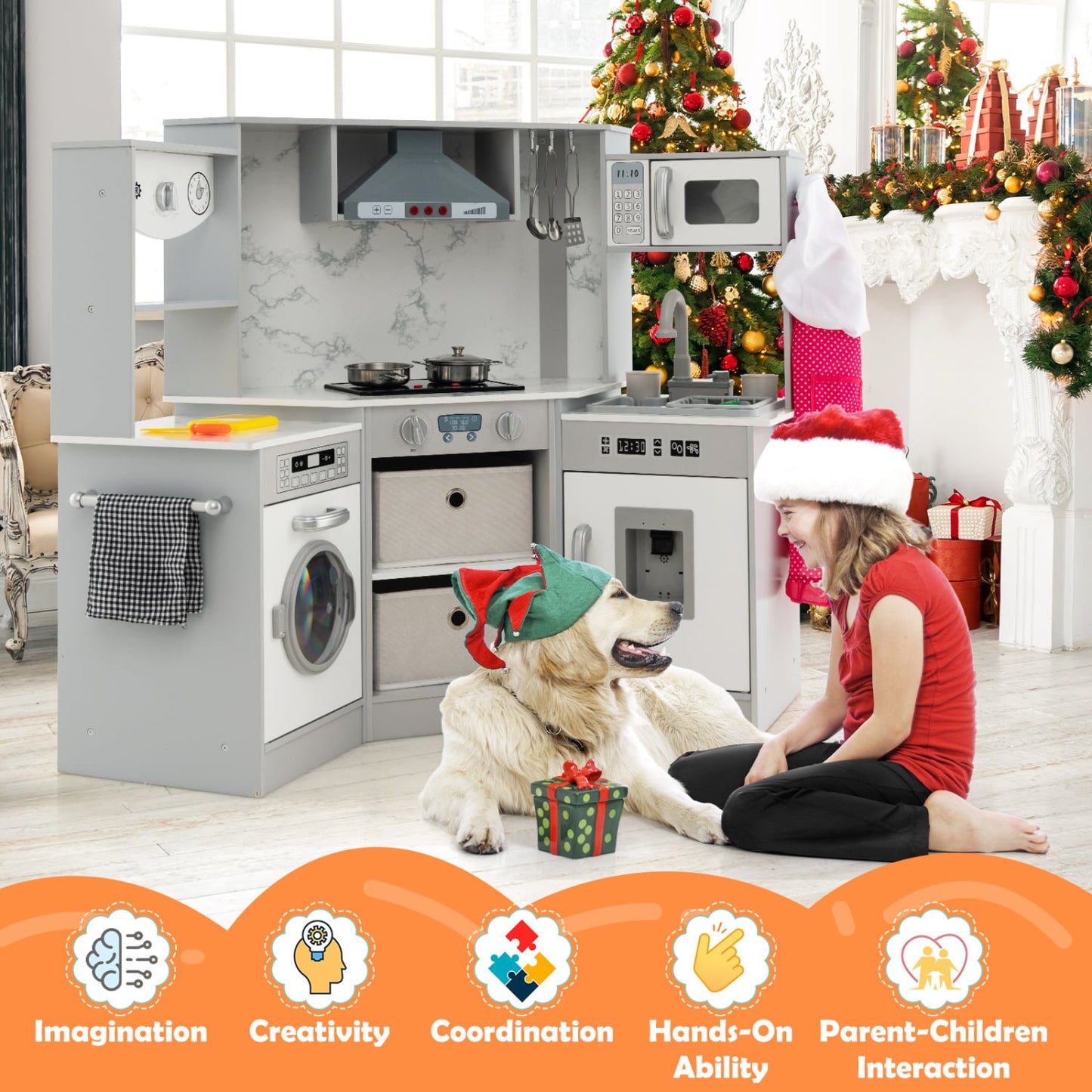 Wooden Kids Play Kitchen Playset, Realistic Lights And Sounds, Gray Play Kitchen Sets at Gallery Canada