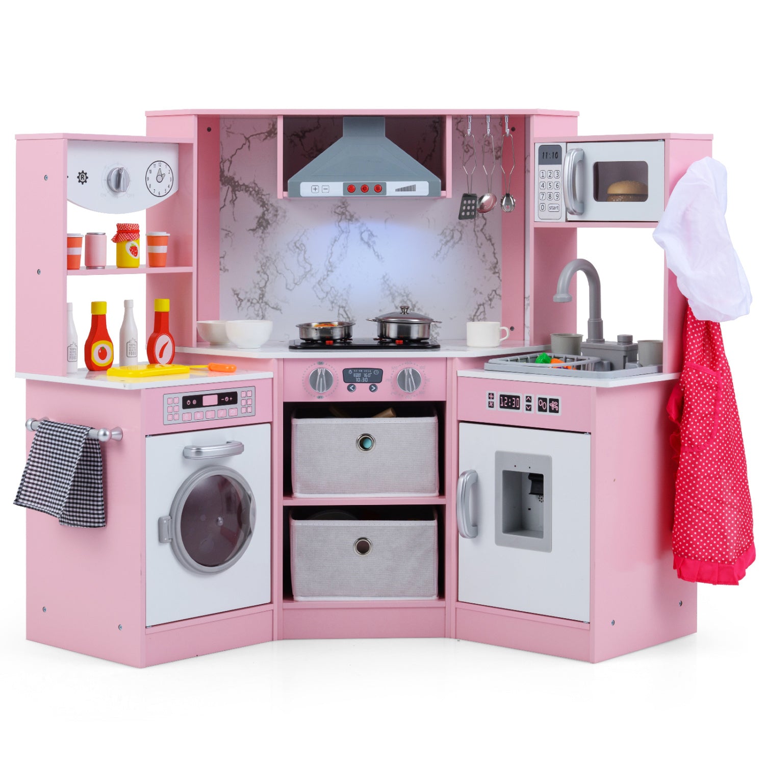 Wooden Kids Play Kitchen Playset with Realistic Lights and Sounds, Pink Play Kitchen Sets at Gallery Canada