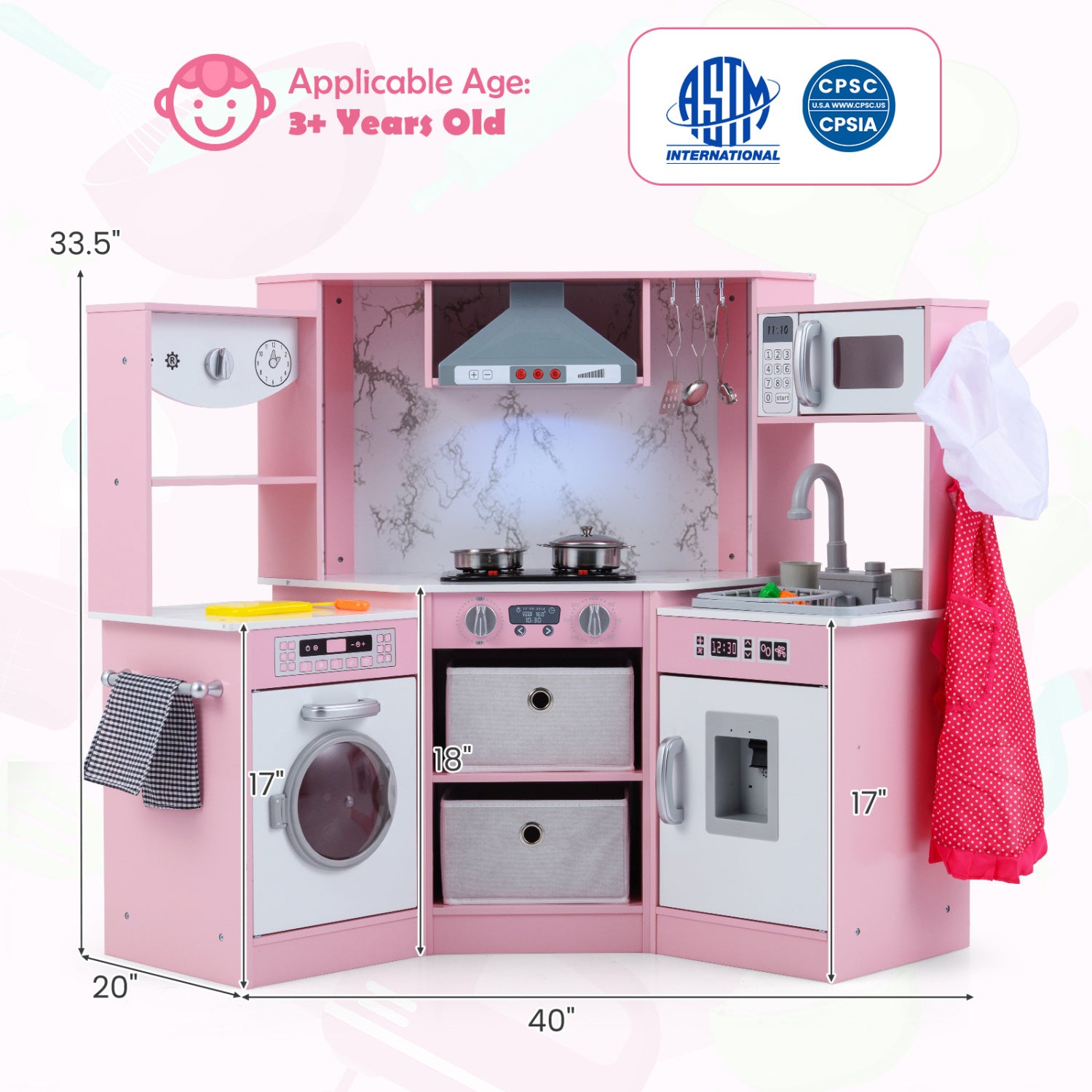Wooden Kids Play Kitchen Playset with Realistic Lights and Sounds, Pink Play Kitchen Sets at Gallery Canada