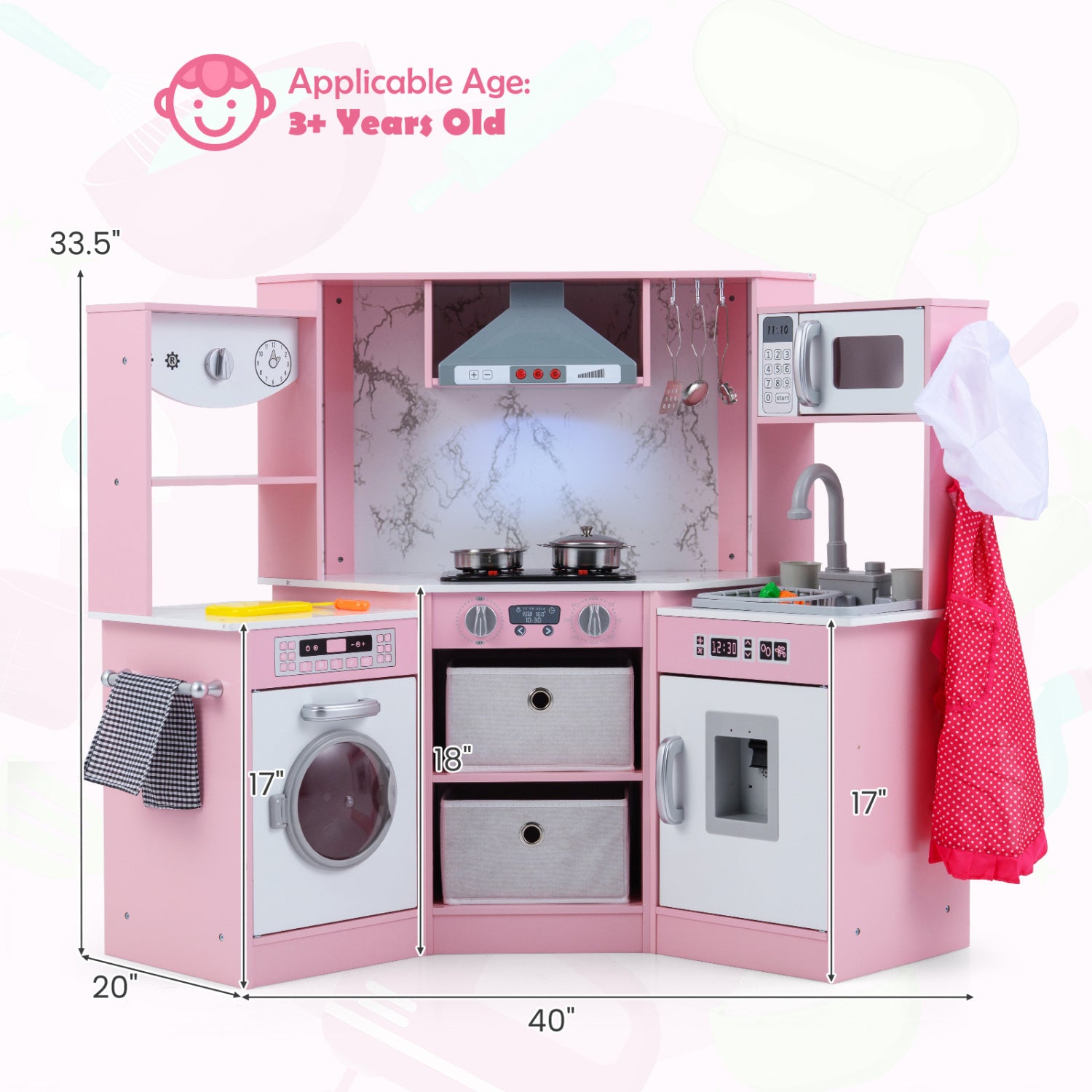 Wooden Kids Play Kitchen Playset with Realistic Lights and Sounds, Pink Play Kitchen Sets at Gallery Canada