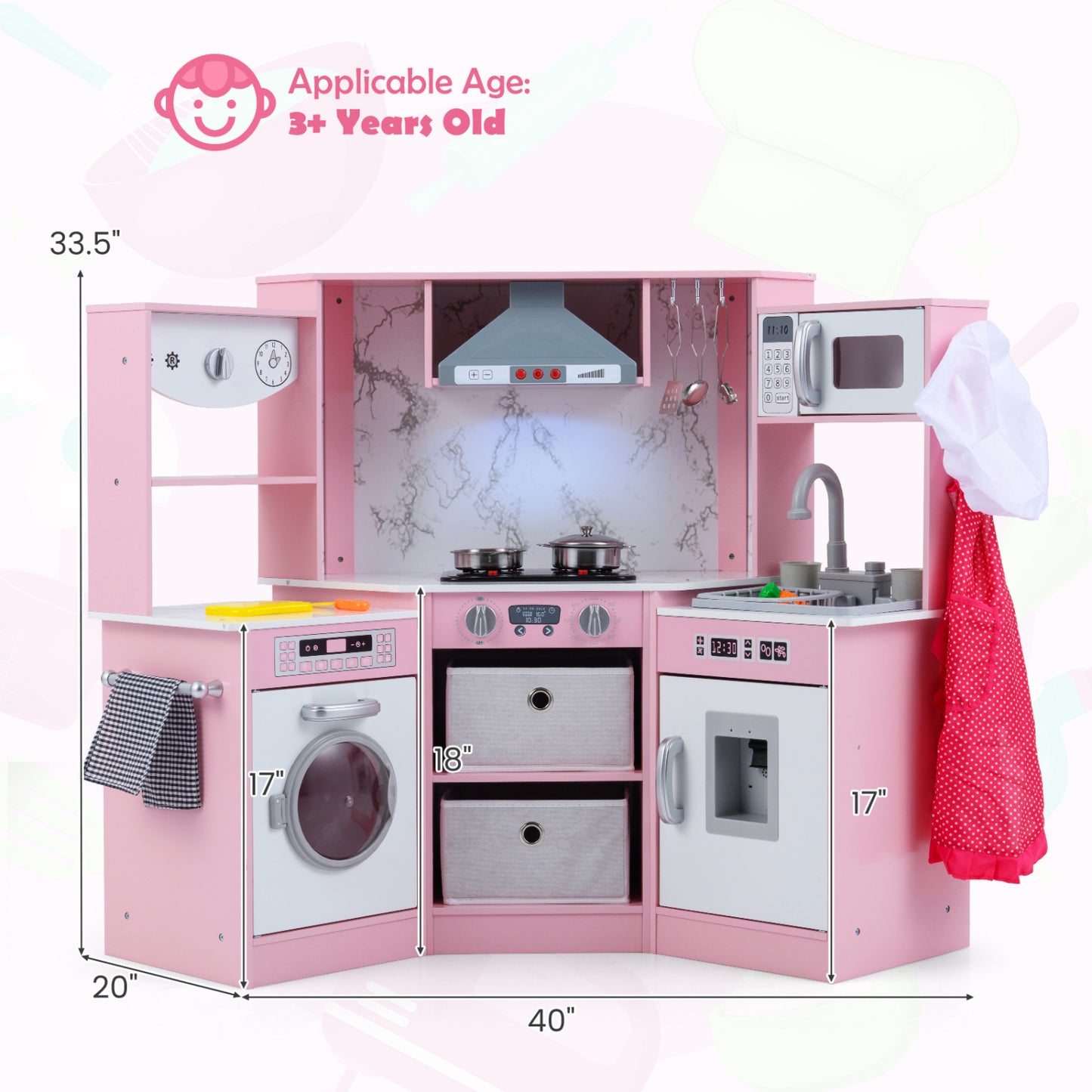 Wooden Kids Play Kitchen Playset with Realistic Lights and Sounds, Pink Play Kitchen Sets at Gallery Canada