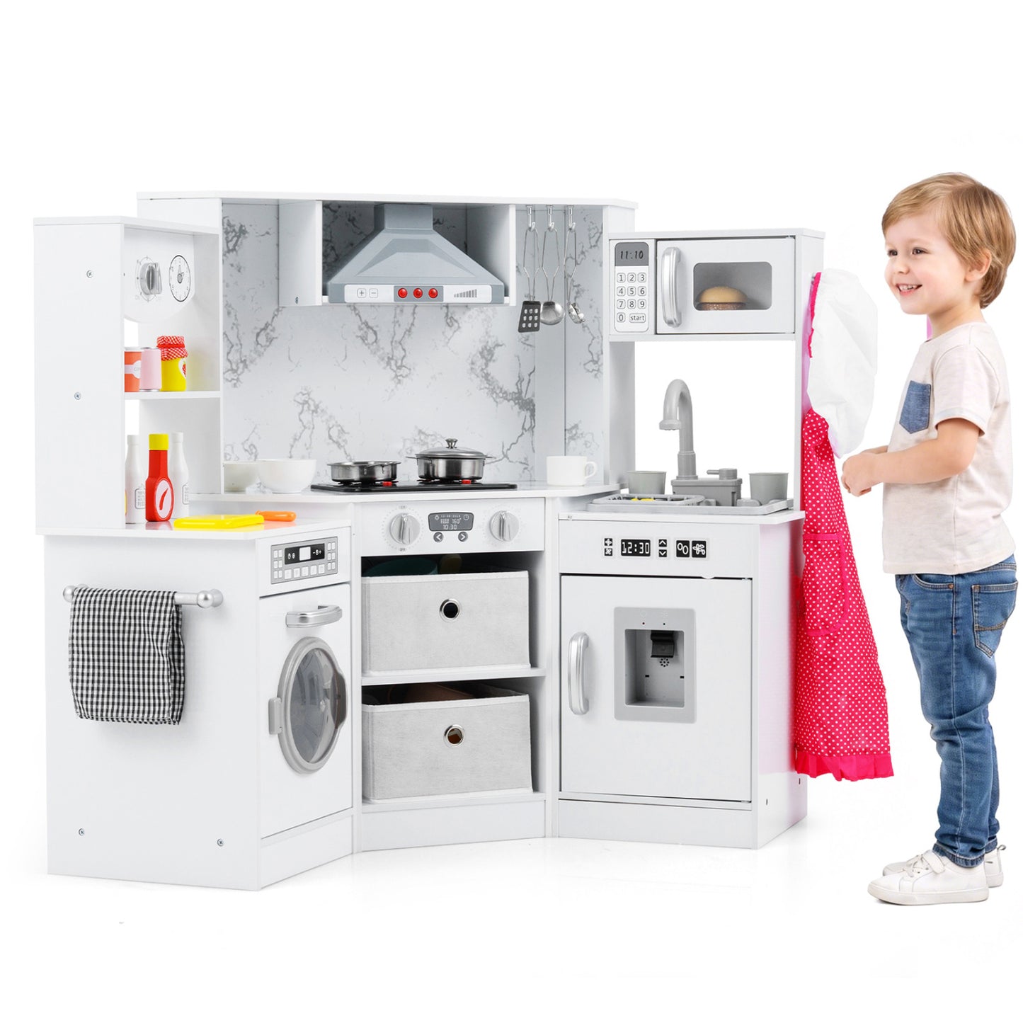 Wooden Kids Play Kitchen Playset with Realistic Lights and Sounds, White Play Kitchen Sets White at Gallery Canada