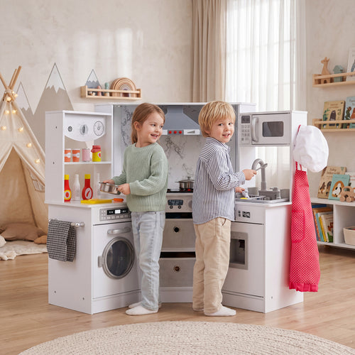 Wooden Kids Play Kitchen Playset with Realistic Lights and Sounds, White