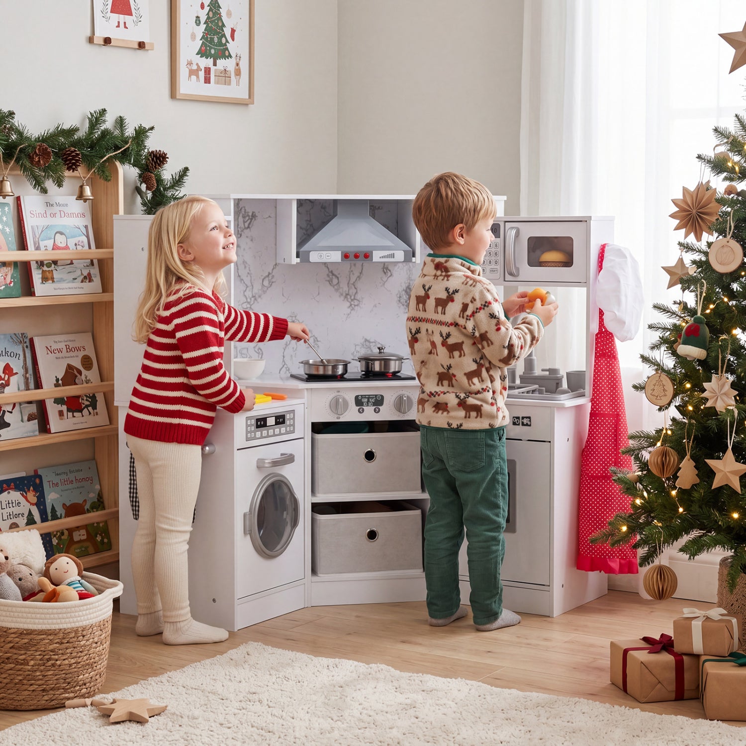 Wooden Kids Play Kitchen Playset with Realistic Lights and Sounds, White Play Kitchen Sets at Gallery Canada