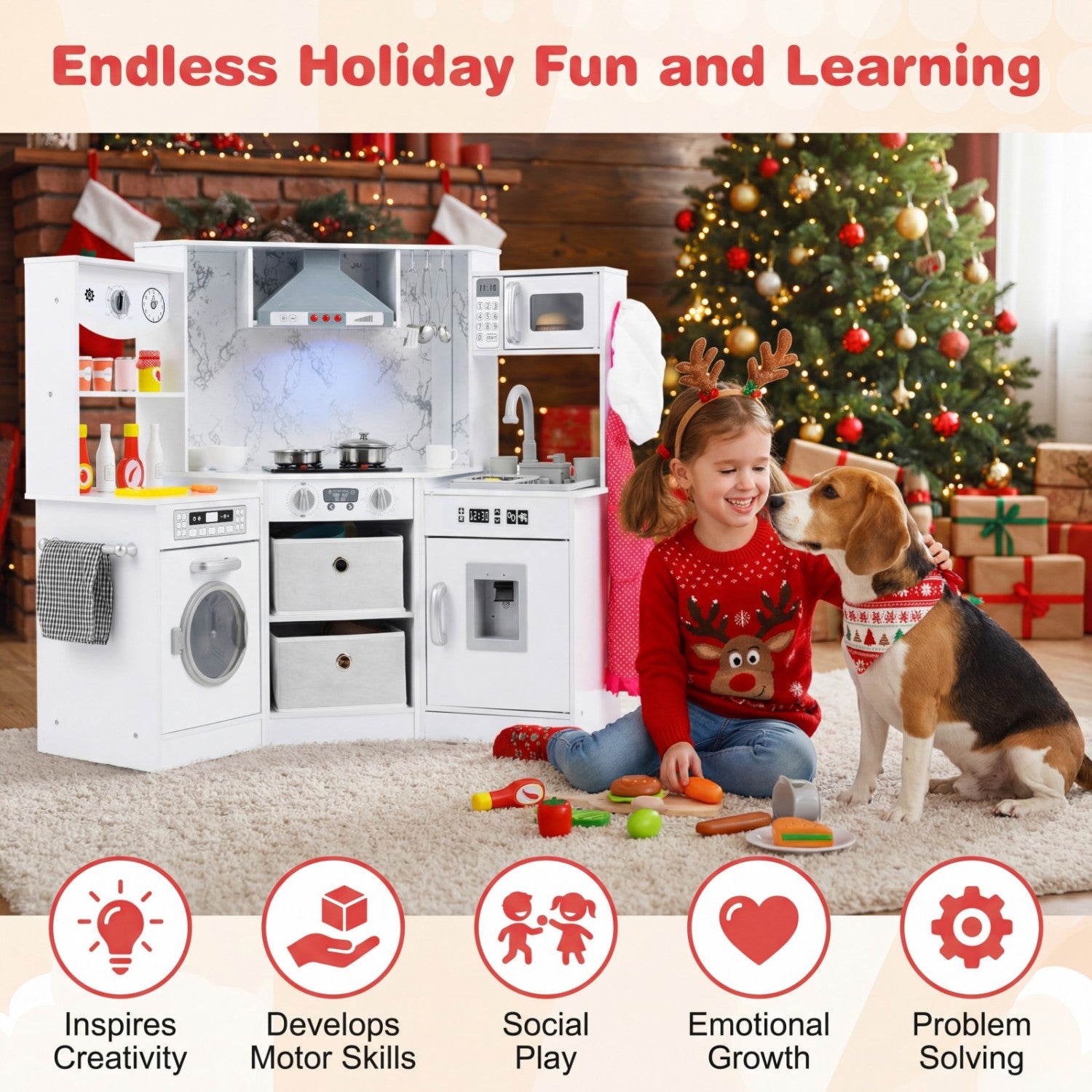 Wooden Kids Play Kitchen Playset with Realistic Lights and Sounds, White Play Kitchen Sets at Gallery Canada