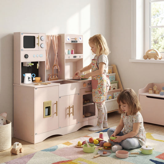 Kids Wooden Play Kitchen, Microwave, Coffee Maker, Pink