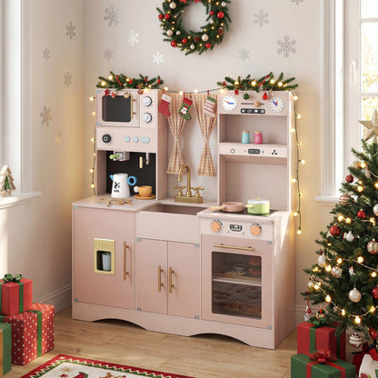 Kids Wooden Play Kitchen, Microwave, Coffee Maker, Pink
