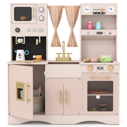 Kids Wooden Play Kitchen, Microwave, Coffee Maker, Pink